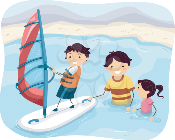 Illustration Featuring a Father Teaching His Kids How to Windsurf