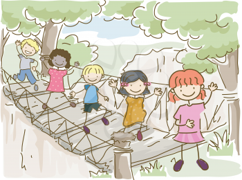 Illustration Featuring Kids Crossing a Hanging Bridge