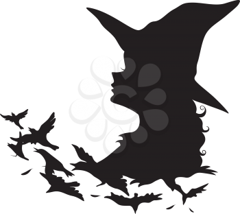 Illustration Featuring the Silhouette of a Witch Transforming Into Birds