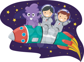 Illustration of Kids and an Alien Riding on a Space Rocket