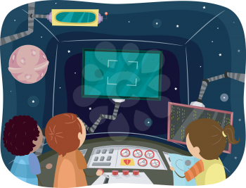 Illustration of Kids Inside the Control Room of a Spaceship