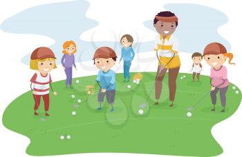 Illustration of Kids Getting Golf Lessons From Their Coach