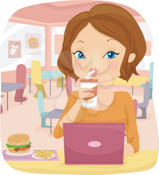 Illustration of a Woman Using Her Laptop at a Fast Food Restaurant