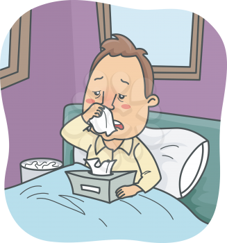 Illustration of a Man Stuck in Bed Due to a Severe Case of Colds