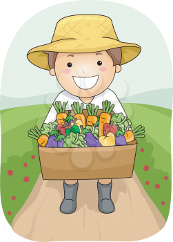 Illustration of a Boy Carrying a Wooden Box Full of Vegetables
