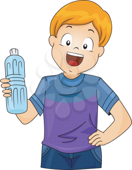 Illustration of a Little Boy Holding a Plastic Bottle of Water