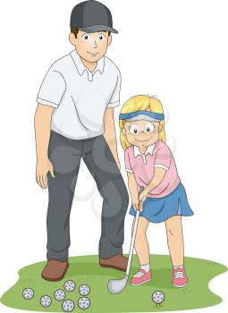 Illustration of a Little Girl Receiving Golfing Lessons from Her Coach