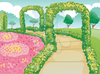 Illustration of a Botanical Garden with a Path Lined with Flowers and Hedges