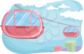 Illustration of a Pink Cable Car Hovering in the Middle of the Cable Railway