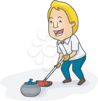 Illustration of a Man Pushing a Curling Stone with a Curling Broom