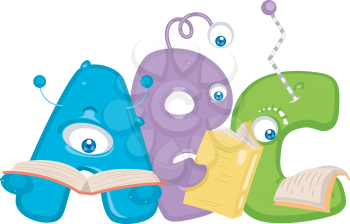 Cute Illustration of Aliens Shaped Like Letters of the Alphabet Reading Books