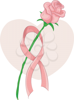 Illustration of a Pink Rose with a Pink Ribbon Tied to its Stem