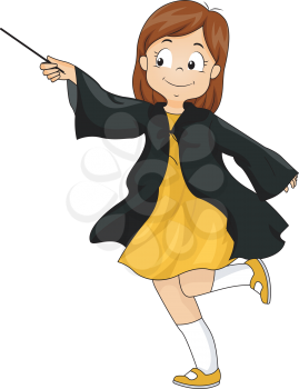Illustration of a Little Girl Wearing a Wizard Costume Waving a Magic Wand