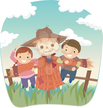 Stickman Illustration of Kids Playing with a Scarecrow