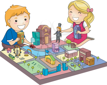 Illustration of a Pair of Cute Kids Playing with a Miniature City