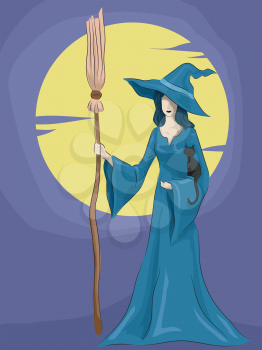Halloween Illustration of a Witch Framed by the Full Moon