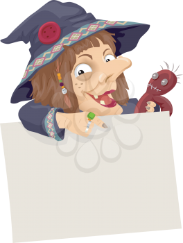 Illustration of a Witch Holding a Voodoo Doll Pointing to a Board