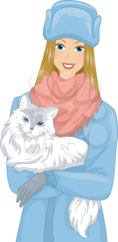 Illustration of a Girl Carrying a Syberian Cat in Her Arms