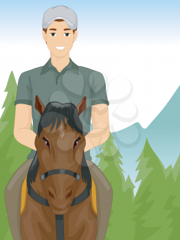 Illustration of a Man Taking a Horseback Riding Tour Across the Countryside