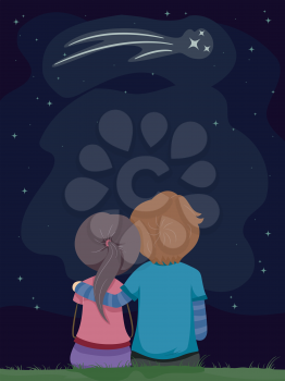 Illustration of a Stickman Couple Gazing at the Shooting Star