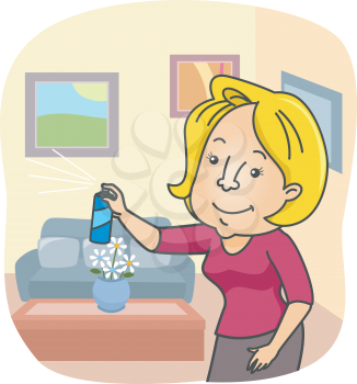 Illustration of a Woman Spraying Air Freshener All Over Her Home
