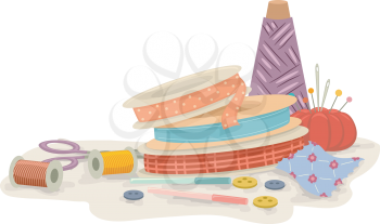 Colorful Illustration Featuring Different Sewing Tools