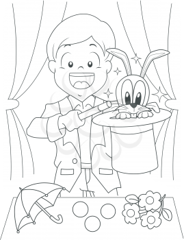 Black and White Coloring Page Illustration of a Boy Dressed as a Magician