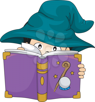 Illustration of a Boy Dressed as a Wizard Studying a Spell Book