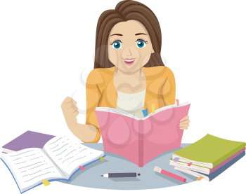 Illustration of a Teenage Girl Holding a Fighting Pose and Reading Several Books and Studying