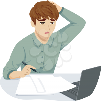 Illustration of a Teenage Guy Scratching His Head While Working on Paper and Laptop