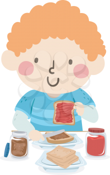 Illustration of a Kid Boy Making His Own Peanut Butter and Jelly Sandwich for Lunch