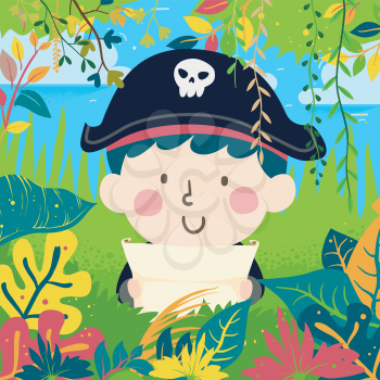 Illustration of a Kid Boy Wearing Pirate Costume Looking at a Map to Find Treasure in the Jungle
