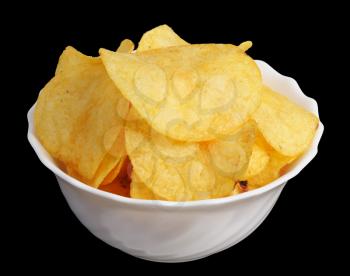 Royalty Free Photo of a Bowl of Potato Chips on a Black Background