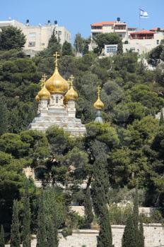 Royalty Free Photo of the Mount of Olives, Church of Mary Magdalene, view from the walls of Jerusalem.