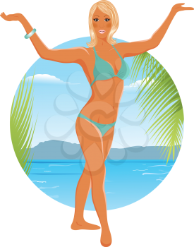 Illustration pretty blond girl on summer background - vector