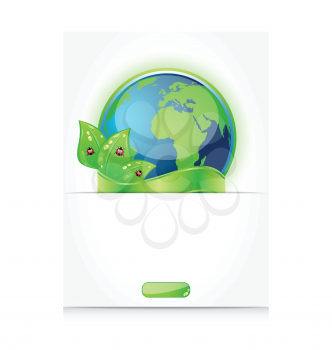 Illustration of green earth with leaves and ladybugs, envelope with emblem - vector