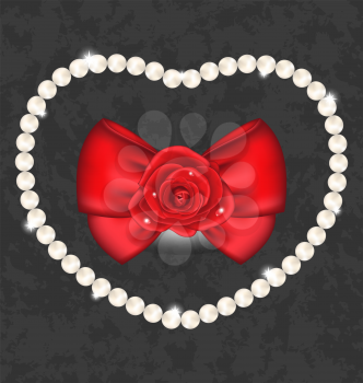 Illustration red rose with bow and pearls for Valentine Day - vector