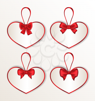 Illustration set elegance cards heart shaped with silk bows for Valentine Day - vector