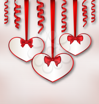 Illustration set card heart shaped with silk ribbon bows and paper serpentine for Valentine Day - vector