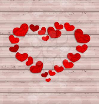 Illustration wooden background with frame made in hearts for Valentines Day - vector