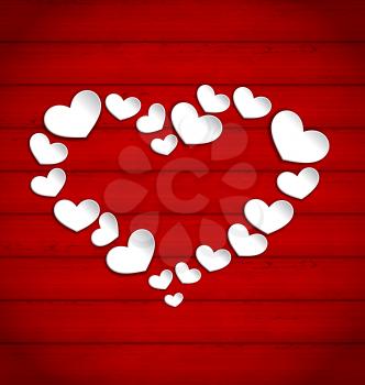 Illustration wooden background with frame made in paper hearts for Valentines Day - vector