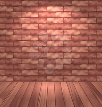 Illustration brown brick wall with wooden floor, empty room interior with light - vector