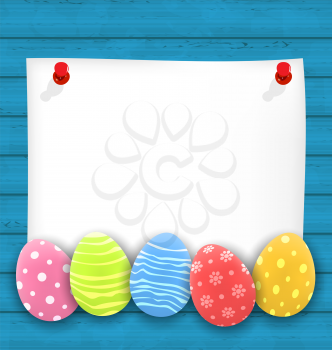 Illustration celebration empty paper card with Easter ornamental eggs on wooden blue background - vector