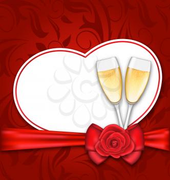 Illustration Celebration Card Heart Shaped with Silk Bow, Red Rose and Wineglasses of Champagne for Happy Valentines Day - Vector