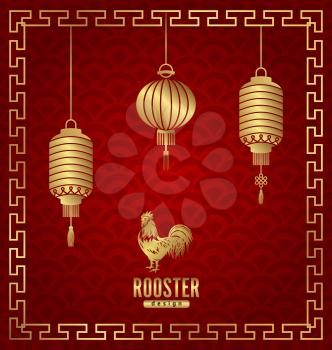 Illustration Oriental Banner for Chinese New Year Rooster. Templates for Design Greeting Cards, Invitations, Flyers etc. - Vector
