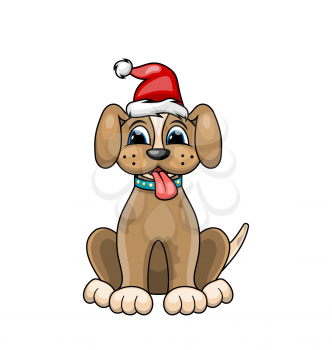 Christmas Dog Portrait in Red Santa Hat. Character Poopy Isolated on White Background - Illustration Vector