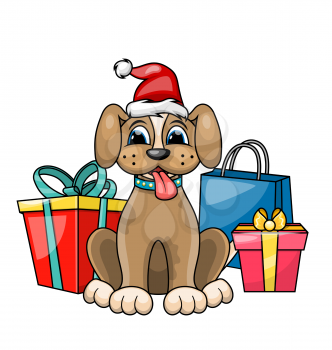 Christmas Dog in Red Santa Hat with Gift Boxes, Presents. Character Poopy - Illustration Vector