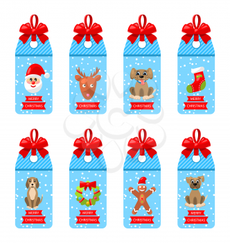 Collection Christmas Labels with Bows and Elements Isolated on White Background - Illustration Vector