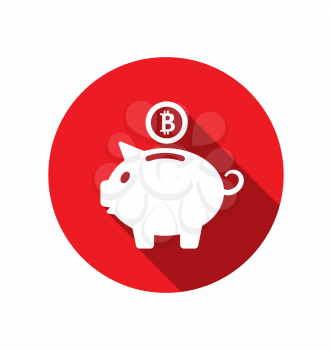 Flat Icons of Piggy Bank Concept with Bitcoin BTC, Bit-Coin , Long Shadow Style - Illustration Vector