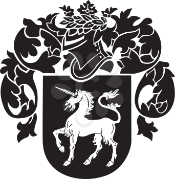 Vector image of black medieval heraldic silhouette, executed in woodcut style, isolated on white background. No blends, gradients and strokes.